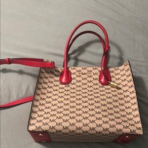 Michael Kors Red and Tan Signature Tote Bag